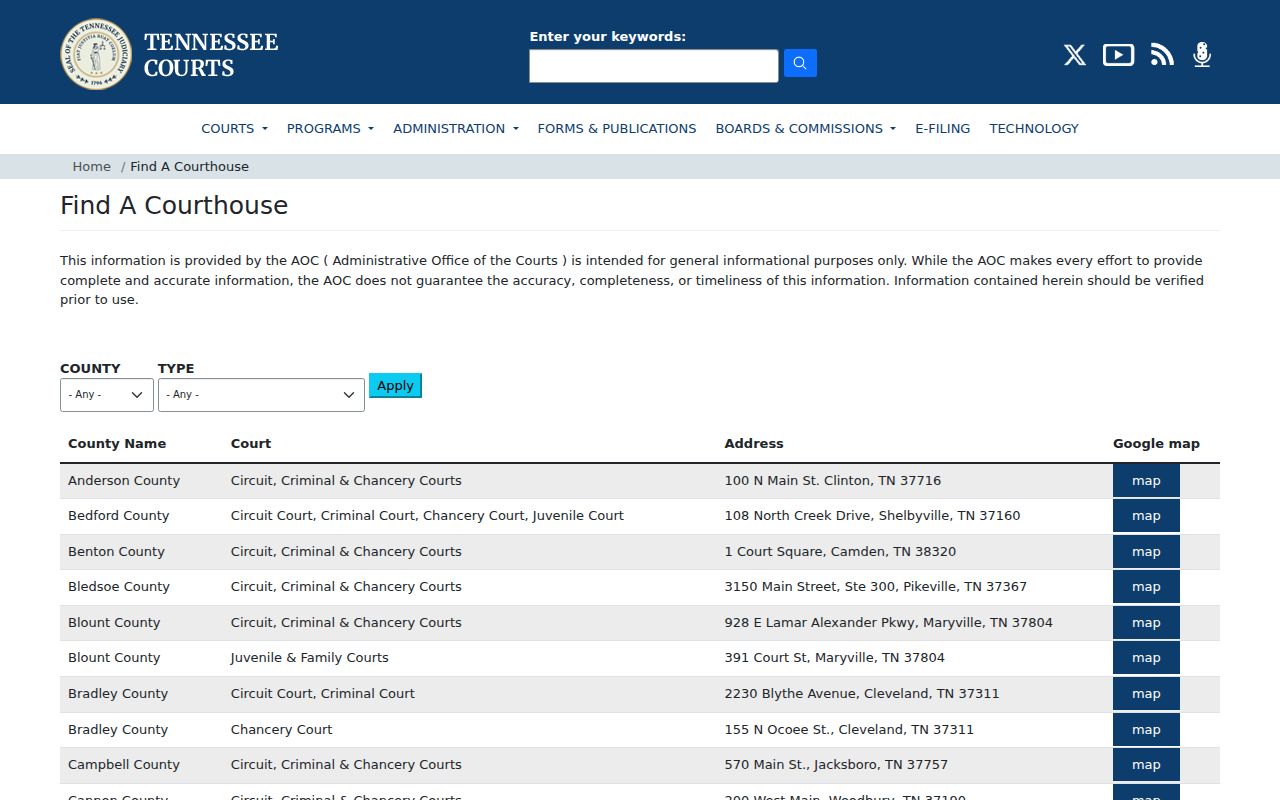 Franklin County court case records courthouse directory entry