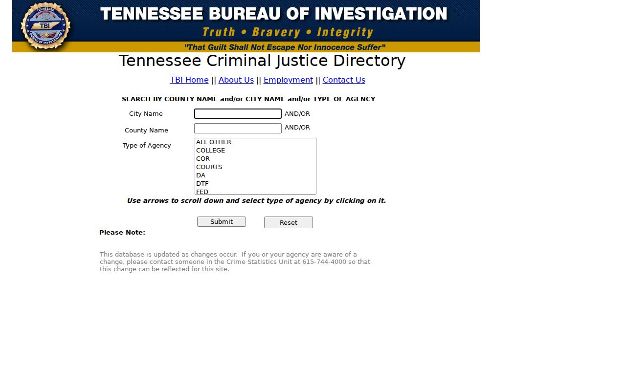 Franklin County Estill Springs criminal records agency search in the TBI directory