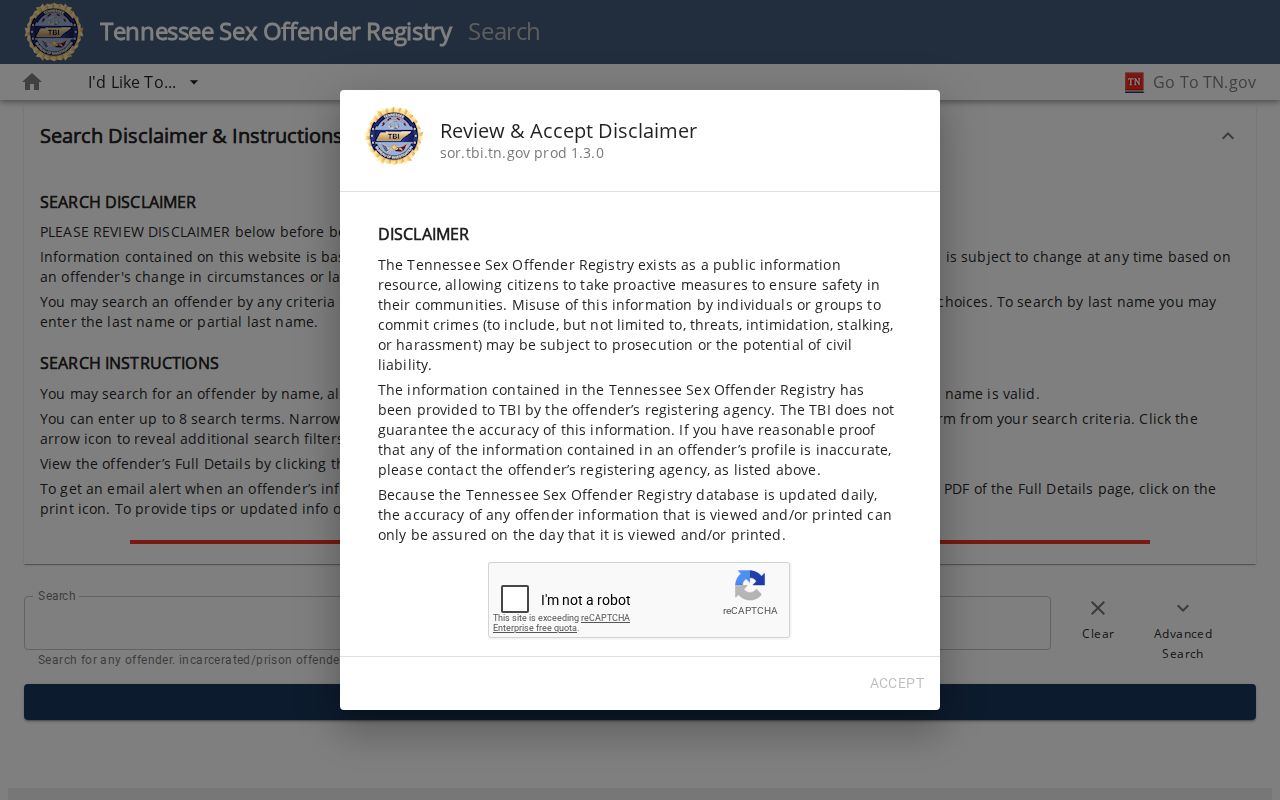 Franklin County sex offender lookup on the Tennessee registry search screen